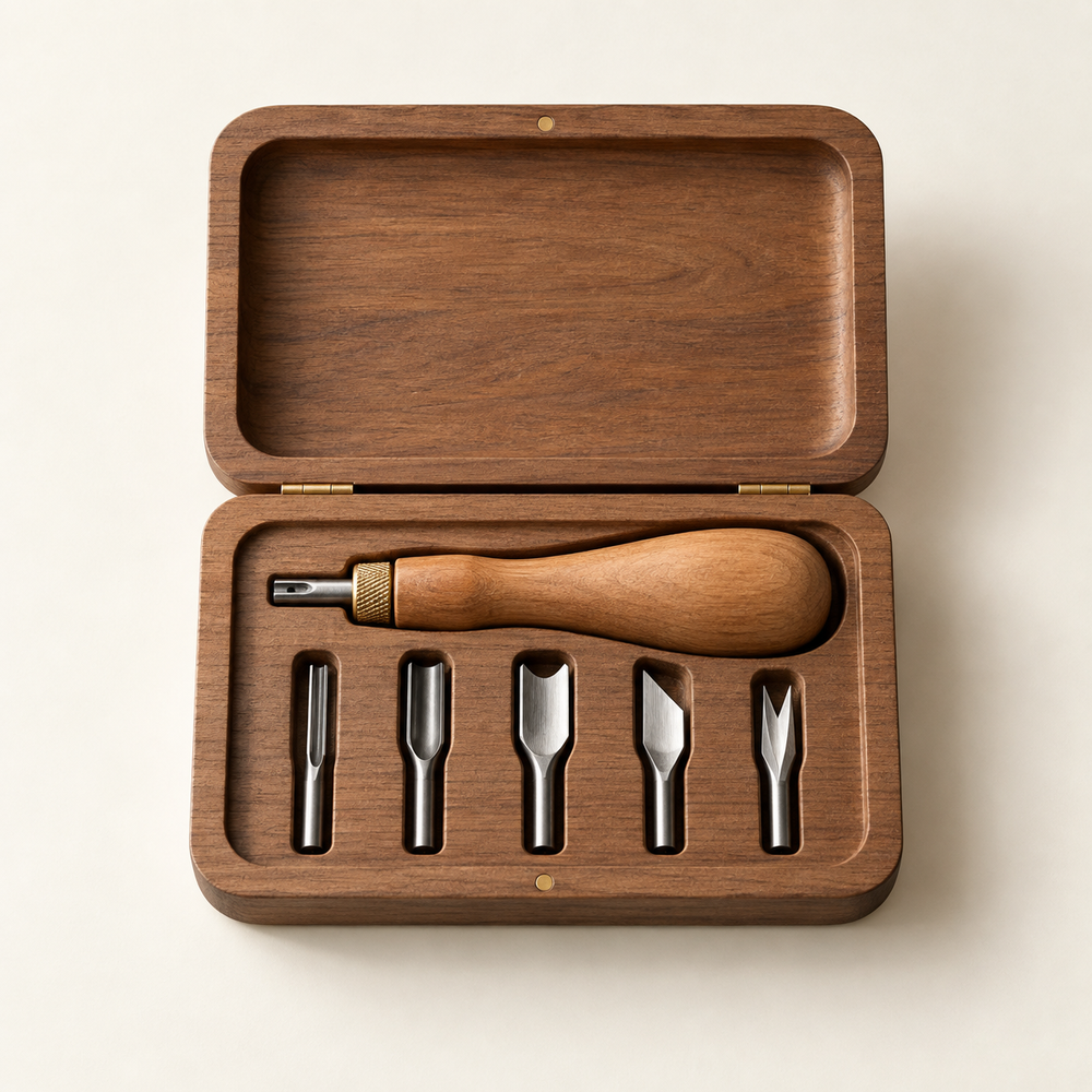 Linogutsset met wisselmessen — conceptvisualisatie a.made Atelier
