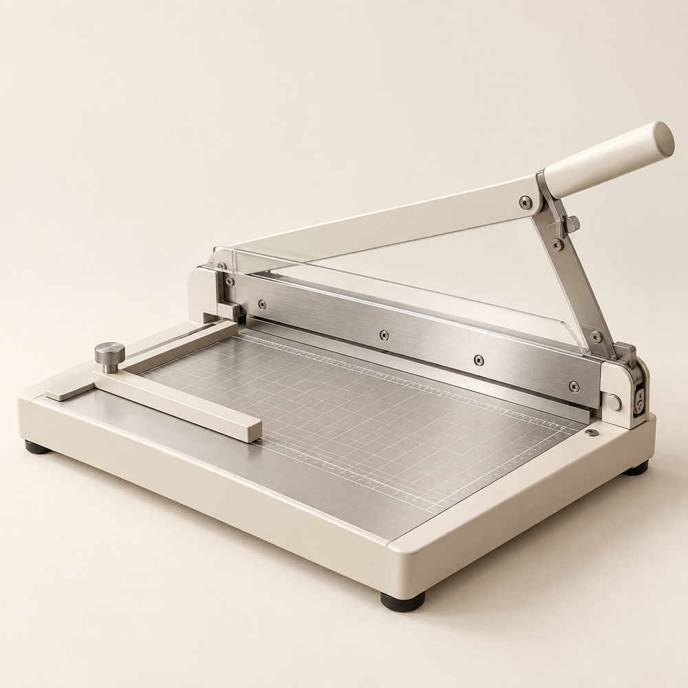 Metalen papiersnijder A4 — conceptvisualisatie a.made Atelier