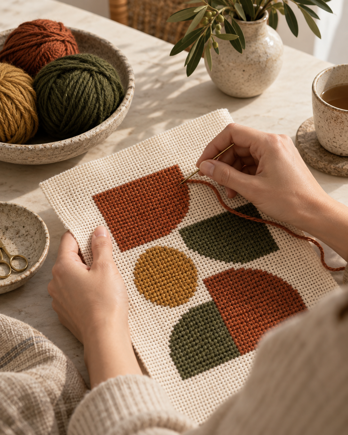Needlepoint maakproject met modern patroon, canvas en garen