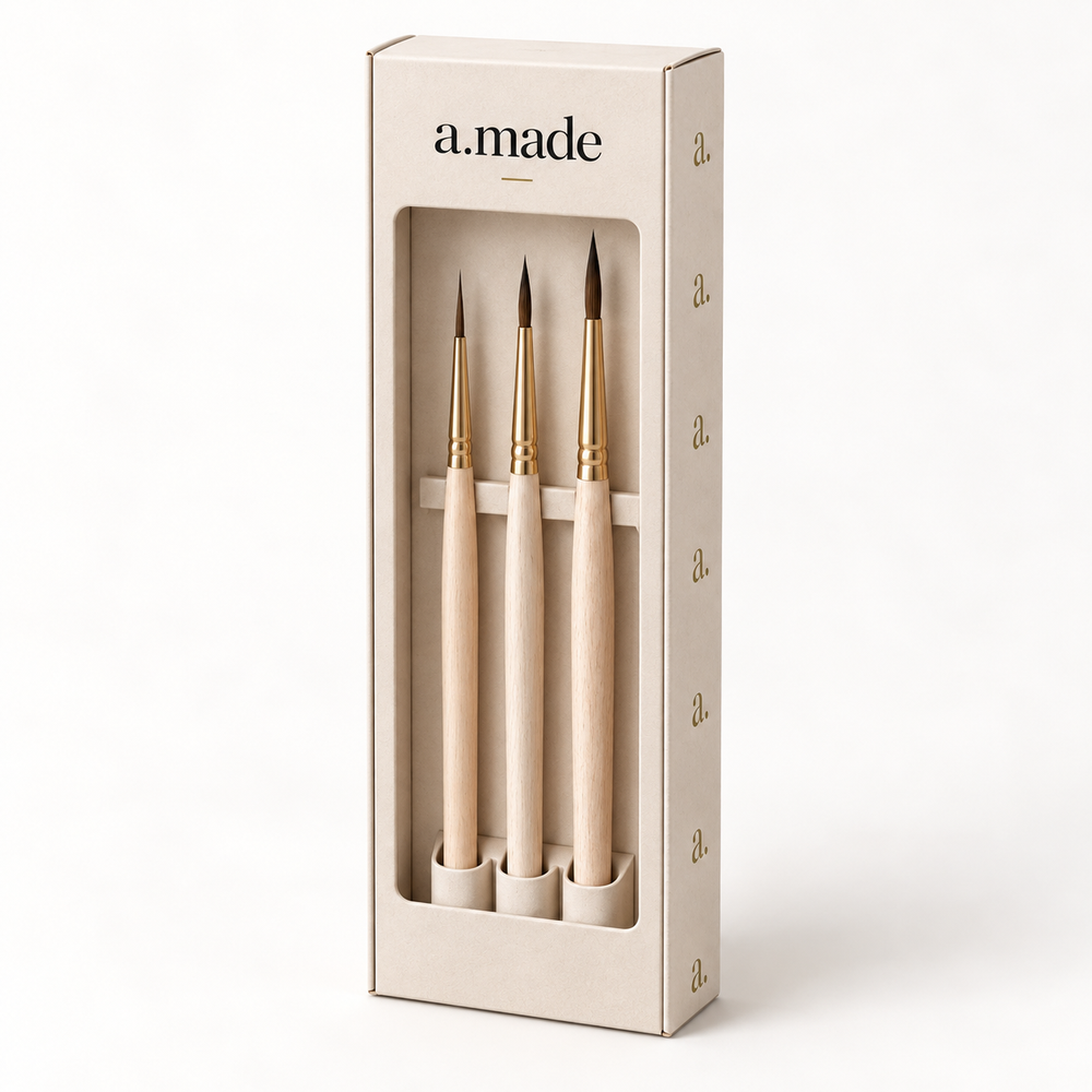 Ontwerpvisualisatie: Detailpenselen – set in a.made materials verpakking