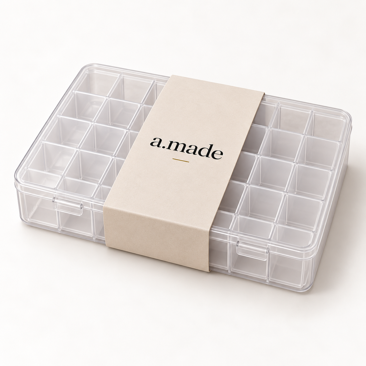 Ontwerpvisualisatie: 28-vaks organizerbox in a.made materials verpakking