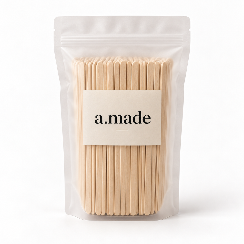 Ontwerpvisualisatie: Houten mengsticks – 100 stuks in a.made materials verpakking