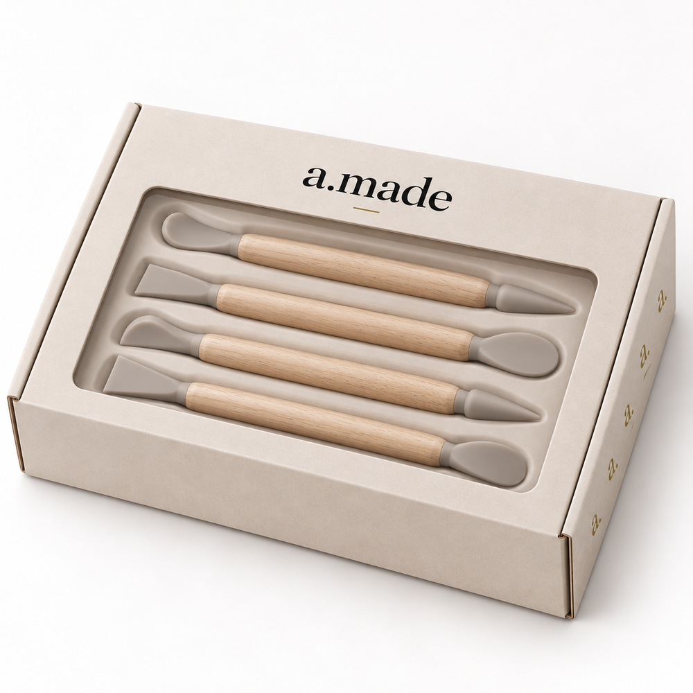 Ontwerpvisualisatie: Siliconen modelleertools – set in a.made materials verpakking