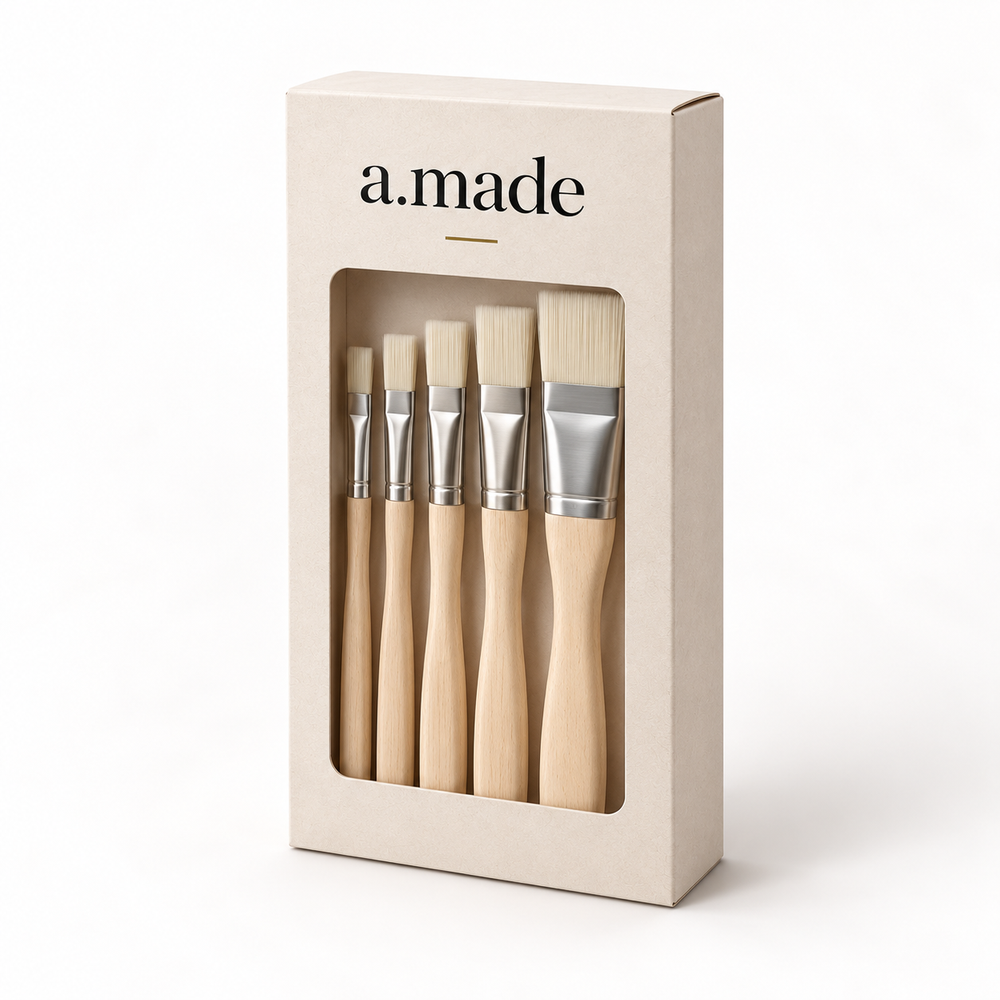 Ontwerpvisualisatie: Platte penselen – set in a.made materials verpakking