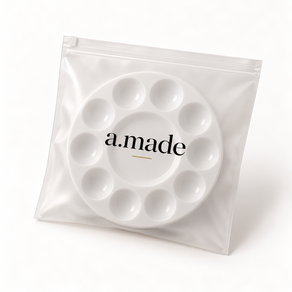 Ontwerpvisualisatie: Rond mengpalet 10-vaks in a.made materials verpakking