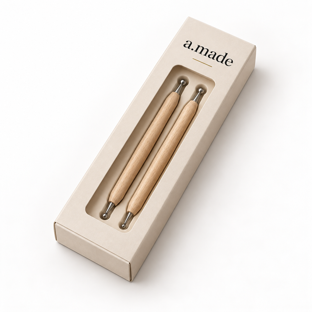 Ontwerpvisualisatie: Scoring stylus – set in a.made materials verpakking