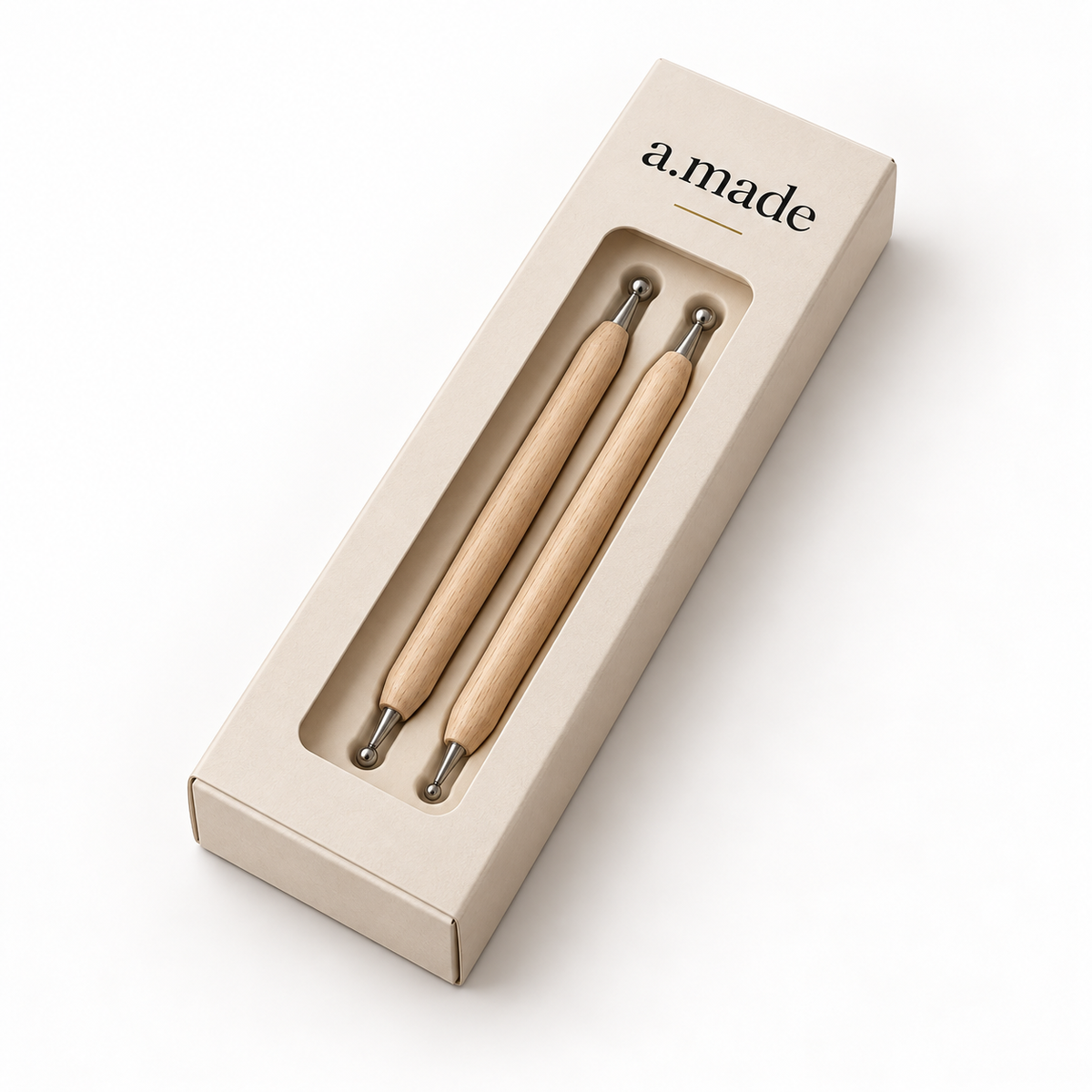 Ontwerpvisualisatie: Scoring stylus – set in a.made materials verpakking