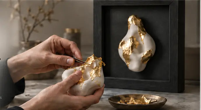 Handen die bladgoud aanbrengen op een sculpturaal object